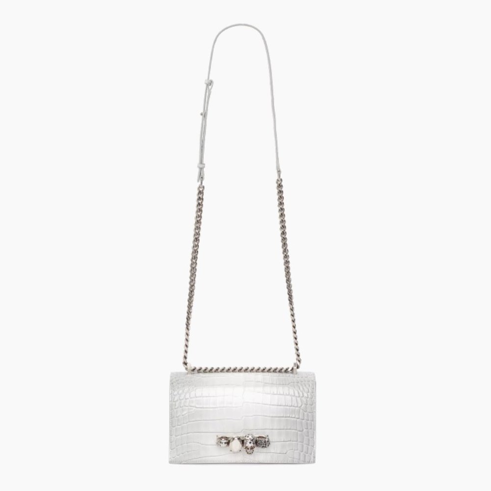 Alexander McQueen Medium Four Ring Croc-Embossed Leather Crossbody Light Gray - Picture 6 of 11
